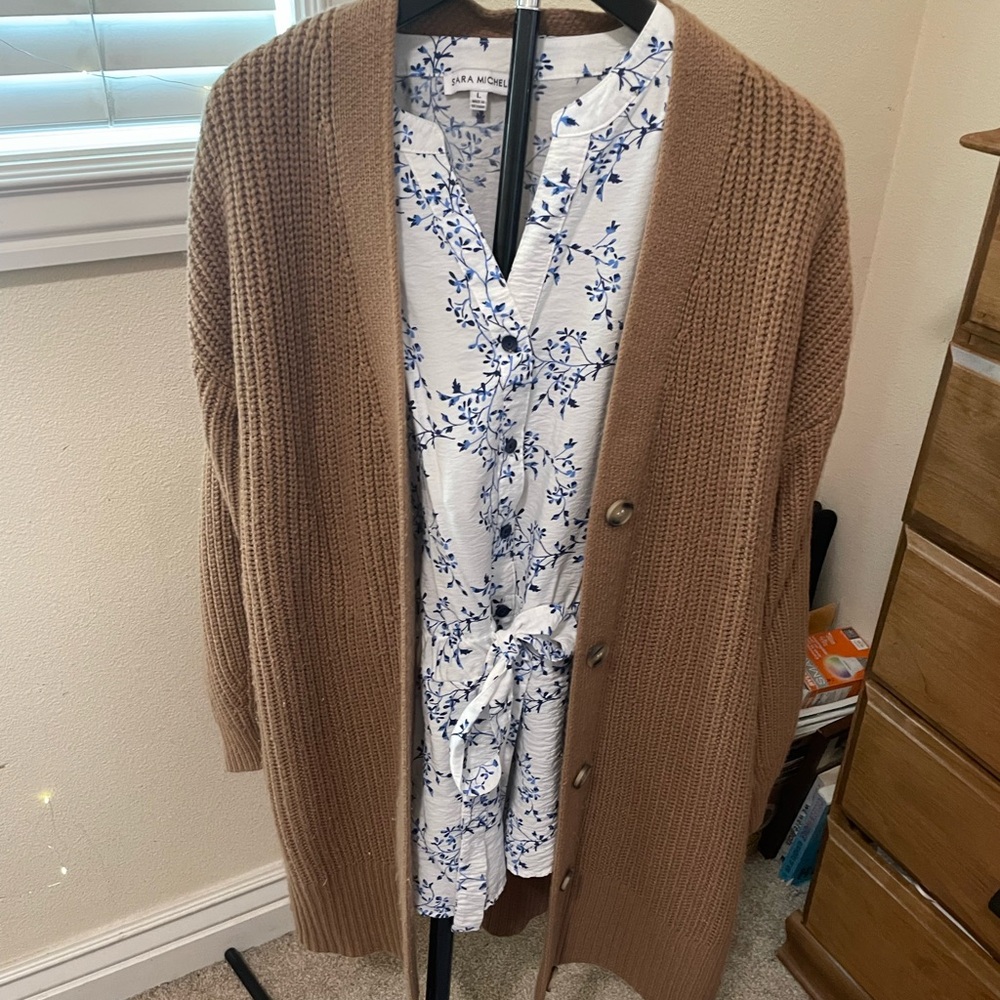 Sara Michelle White and Blue Floral Tie-Waist Romper with Brown Knit Cardigan